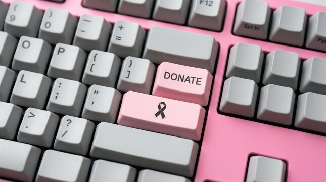 Pink donate button with cancer ribbon icon on keyboard for non profit charity campaigns and support drives.