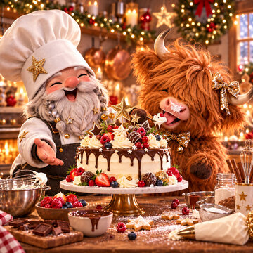 Happy chef gnome presenting a chocolate drip cake with berries while a highland cow licks cream in a festive holiday kitchen. Generative AI.