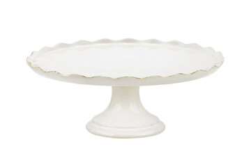 White ceramic cake stand with a gold scalloped edge, featuring a glossy finish on a clean white...