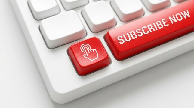 Red subscribe now button on white computer keyboard for online membership sign up and email newsletter feed.