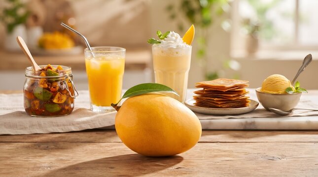 Fresh Mango Fruit Platter with Juice, Milkshake, Ice Cream, Pickle, and Aam Papad on Table
