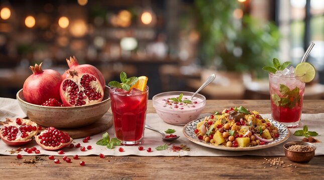 Fresh Pomegranate Fruit Platter with Juice, Raita, Spicy Chaat, and Mint Mojito Drink
