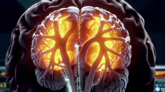 Human brain illustration gradually illuminates with glowing neural pathways inside a clinical laboratory, showing detailed anatomy and increasing neural activity in a medical animation