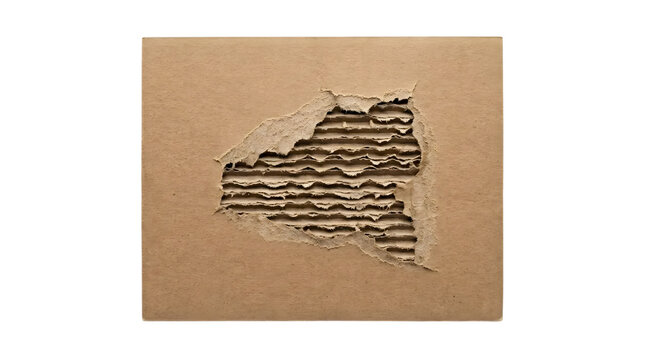 A rectangular piece of brown cardboard with a large central torn section revealing the internal corrugated texture, ideal for rustic design backgrounds