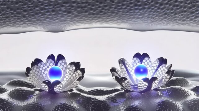 Abstract 3D animation showing two iridescent lotus forms opening as glowing blue spheres descend, surrounded by textured metallic waves and suspended bubbles