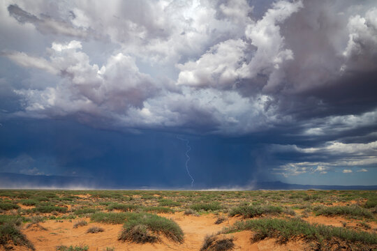 Storm clouds and lightning over desert landscape in alamogordo