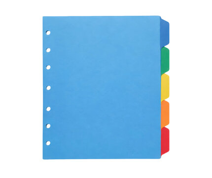 Vibrant blue plastic file divider with colorful index tabs and punched holes, isolated on a clean white background