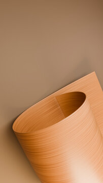 Curled brown paper sheet with wood texture on brown background