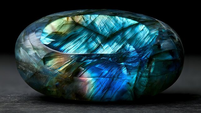 Polished labradorite revealing brilliant internal spectral flashes beneath diffused lighting creating luxurious premium gemstone