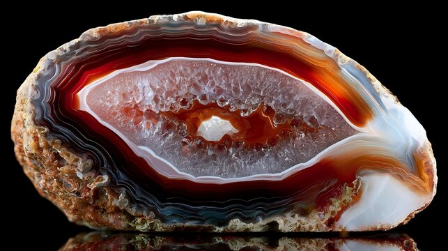 Polished agate slice revealing concentric mineral bands surrounding intricate quartz core illuminated by neutral studio lighting