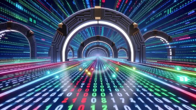 Futuristic digital tunnel with glowing arches and streams of multicolored binary code moving toward a bright central vanishing point in animated cyber technology environment