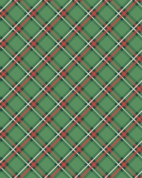 Classic green tartan plaid fabric pattern with intersecting red and white lines for traditional winter textile or festive holiday wrapping paper