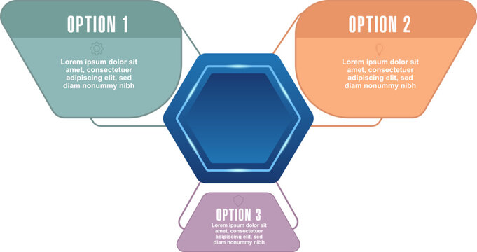 Modern infographic template with 3 options, professional business diagram with hexagon center, corporate presentation slide with colorful text boxes.