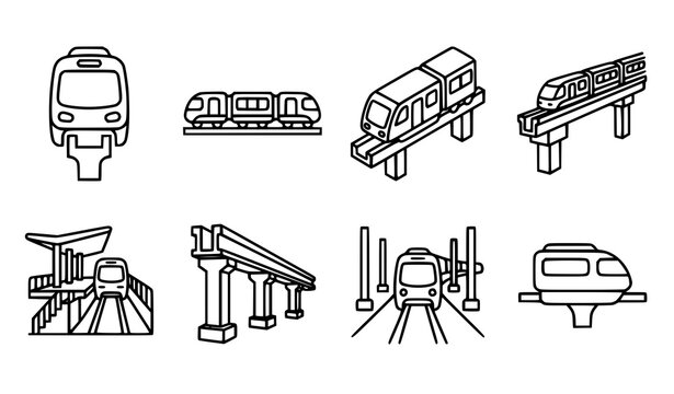 Monorail Train Transportation Flat Black Outline Vector Icon Set