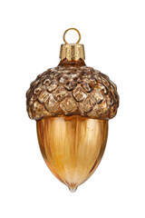 Beautiful shiny glass acorn Christmas ornament with a textured cap and golden hues is captured on a clean white background © no one