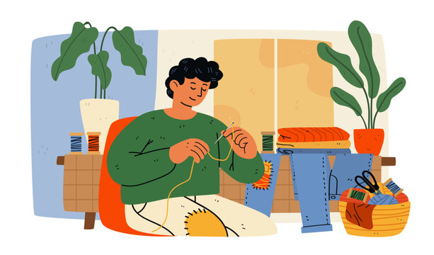 Visible mending sustainable fashion embroidery repair crafts person sewing patches on clothing surrounded by plants thread yarn cozy home