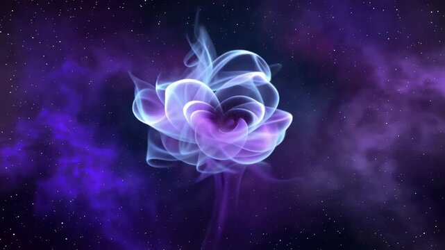 Abstract luminous purple flower animation slowly morphing and rotating against a star filled cosmic nebula background, creating a surreal celestial digital illustration