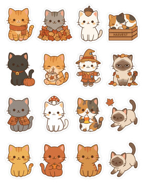 Cute Autumn Themed Kawaii Cat Stickers Vector Set