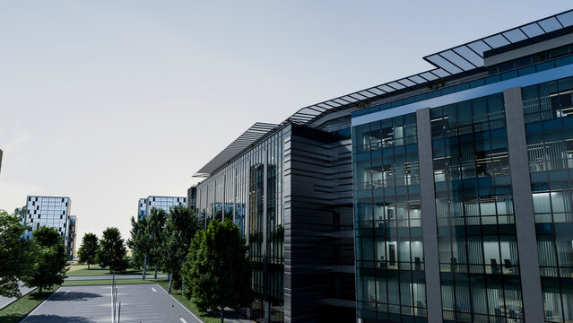 Modern office buildings with glass facades in urban business district