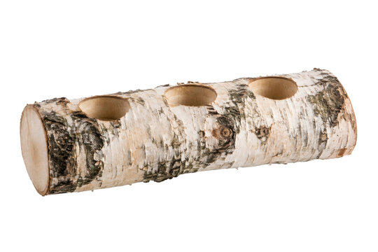 Rustic natural birch log candle holder with three carved holes, showcasing textured bark on a clean white background