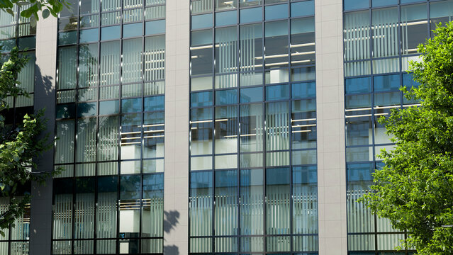 Office building with glass facade and vertical blinds