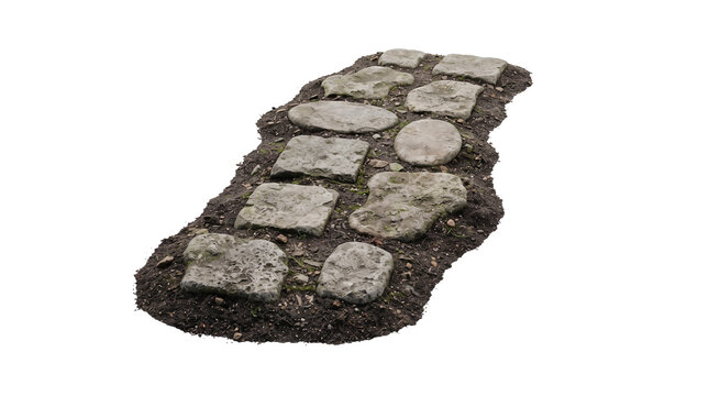 3D Render of a Rustic Stone Walkway with Weathered Flagstones and Soil Isolated on White Background for Garden Design and Landscape Concepts