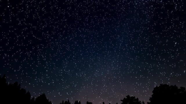 Starry night sky above dark tree silhouettes as colorful glowing light trails appear and fade, creating an abstract atmospheric motion sequence outdoors
