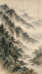 Obraz premium Traditional Asian landscape mobile wallpaper, misty mountains, waterfall, river