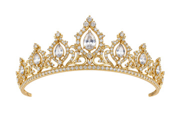 Exquisite golden tiara adorned with sparkling diamonds and large pear-shaped gemstones, isolated on a clean white background, showcasing luxury and elegance © no one