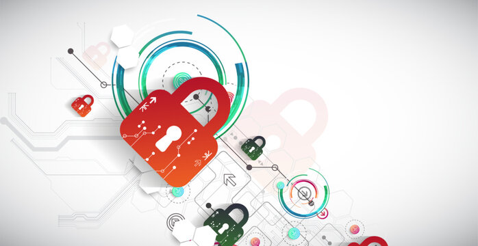 Cybersecurity background with colorful padlocks, circuit board lines, geometric circles. Vector concept