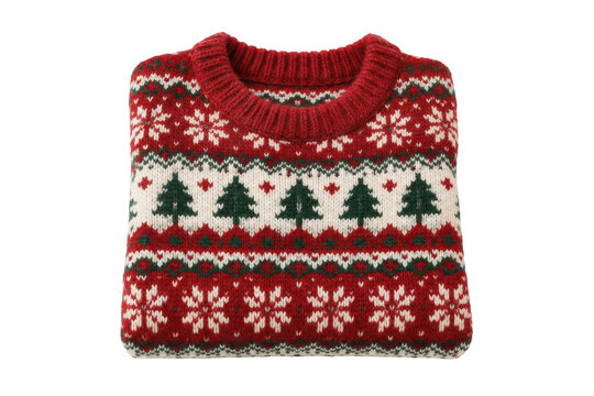 Festive red knitted Christmas sweater with white and green patterns, neatly folded on a clean white background
