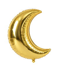 Shiny golden crescent moon foil balloon floats gracefully, reflecting light on a clean white background © no one