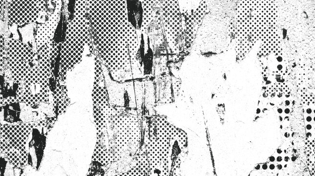 Distressed grunge texture with torn paper and halftone dot pattern isolated on transparent background