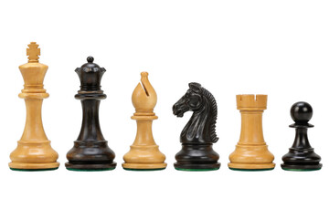 Full set of wooden chess pieces, including king, queen, bishop, knight, rook, and pawn, are arranged in a row on a white background © no one