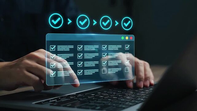 Checklist user interface on laptop with progress checkmarks for task management