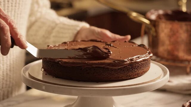 Older woman frosting a delicious homemade chocolate cake
