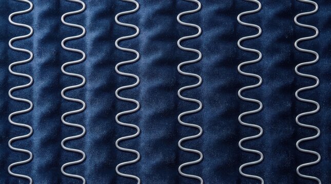 Multiple silver wavy springs arranged in parallel rows on a dark blue textile background.