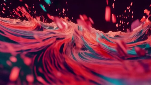 Abstract red and blue particles burst outward, transition into flowing light trails and fragmented digital forms in vivid futuristic motion graphics animation