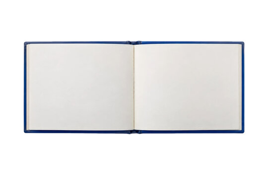 Open blank blue notebook with clean white pages is displayed from a top-down perspective on a pure white background