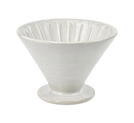 White ceramic coffee dripper with a ribbed interior and a sturdy base, captured on a clean white...