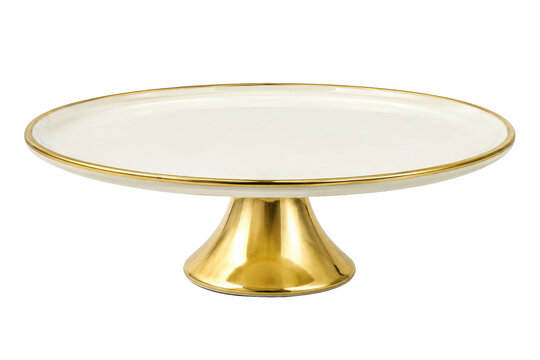 Elegant white ceramic cake stand with a shiny golden base and rim, captured with soft studio lighting on a clean white background