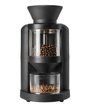 Modern black electric coffee bean roaster with glass chambers filled with beans and chaff on a white background