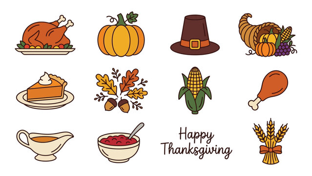 Happy thanksgiving flat illustrations with traditional food icons