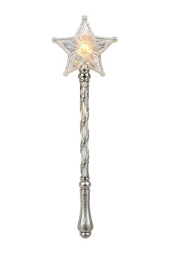Clear crystal star-shaped magic wand with a glowing center and an ornate silver handle, isolated on a white background