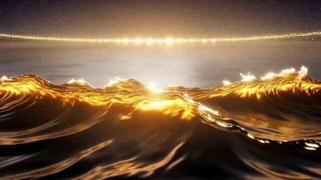 Golden liquid mountain rises and transforms into glowing ocean waves under dramatic light, abstract fluid motion creating a luminous cinematic landscape and natural phenomenon