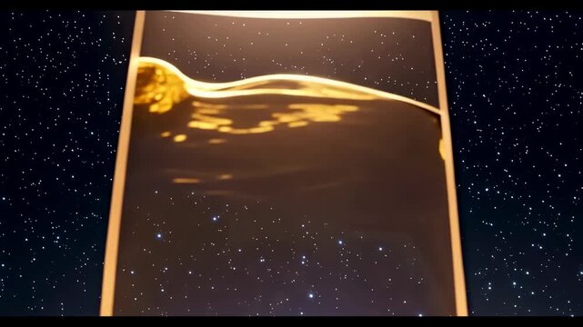 Abstract golden liquid wave rises and falls inside glowing transparent frame against a starry dark background, creating elegant fluid motion in a digital animation