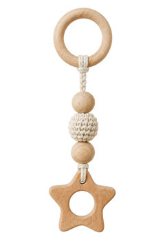 Natural wooden baby mobile toy with a star-shaped teether and crocheted bead, isolated on a clean white background