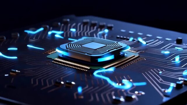 High-Performance Electronic Microprocessor Chip Featuring Glowing Data Transfer Pathways on an Advanced Integrated Circuit Motherboard