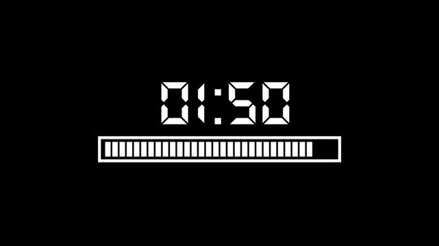 2 minute digital countdown with digital progress bar isolated on blak background. 4K Video