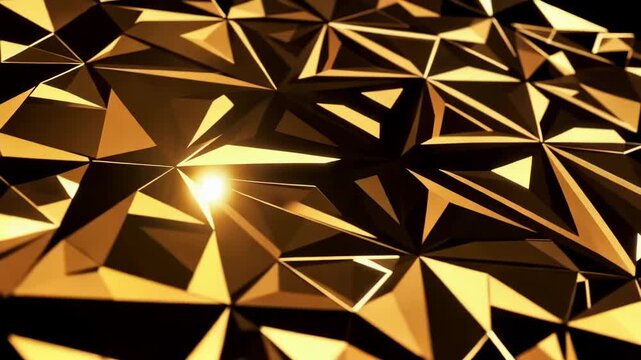 Abstract golden light waves undulate across a glowing amber background before transitioning into sparkling geometric facets, creating a luxurious animated motion graphic